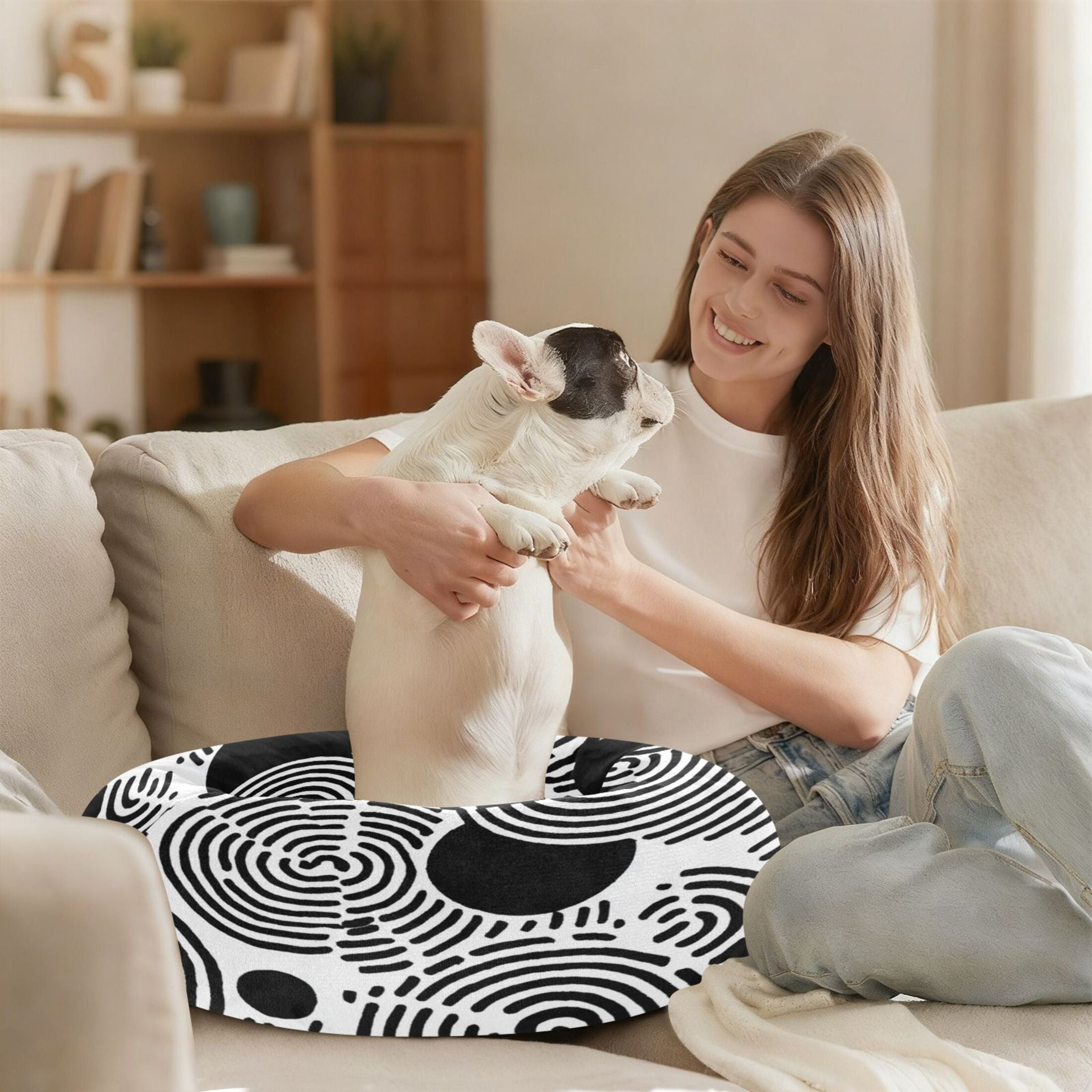 Iauyy Pet Couch Donut Cat Bed for Indoor Cats/Small Dogs Washable & Machine with Non-slip Bottom Calming Cat Furniture, Black and White Circles (M)