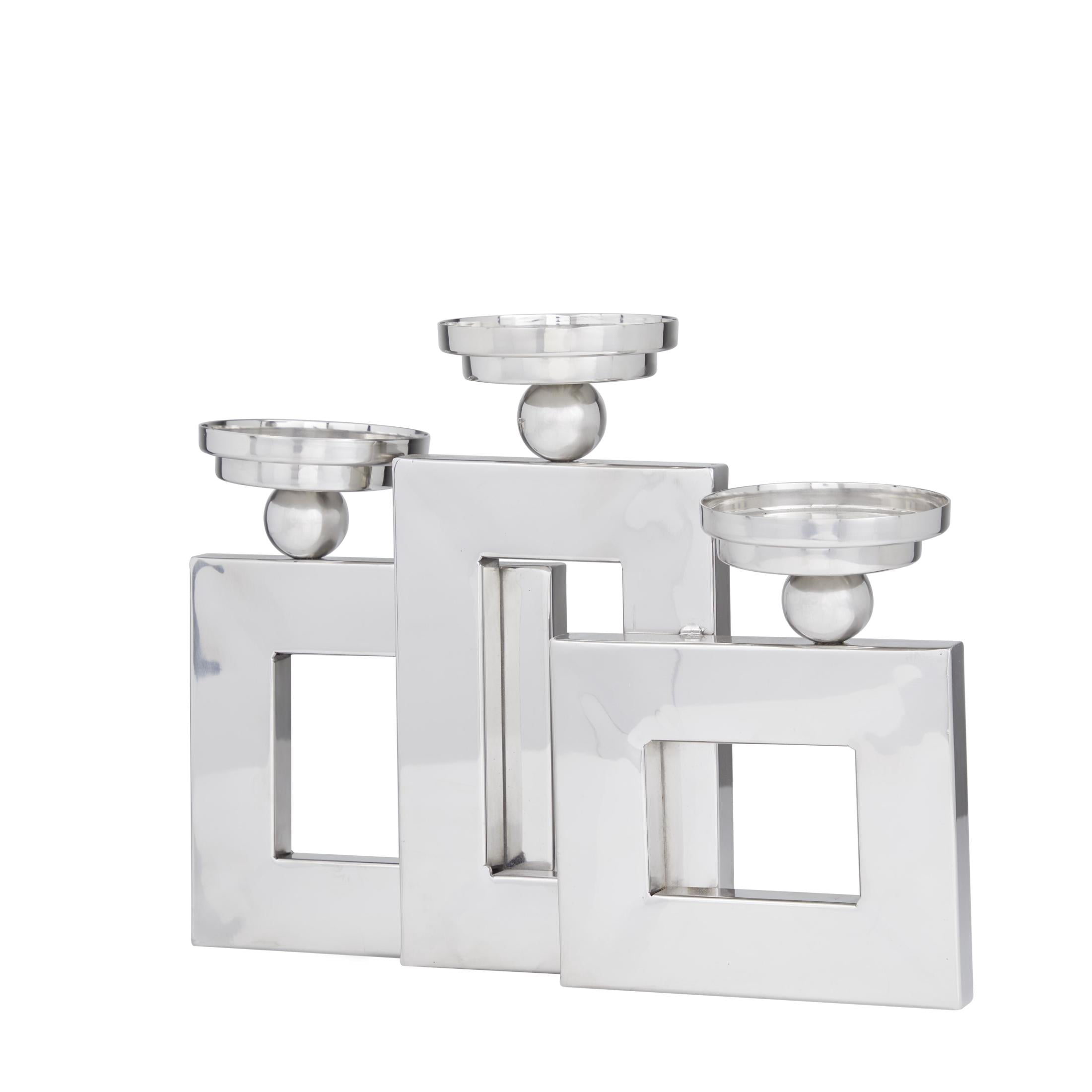 DecMode 3 Candle Silver Stainless Steel Metal Pillar 3 Plate Candle Holder
