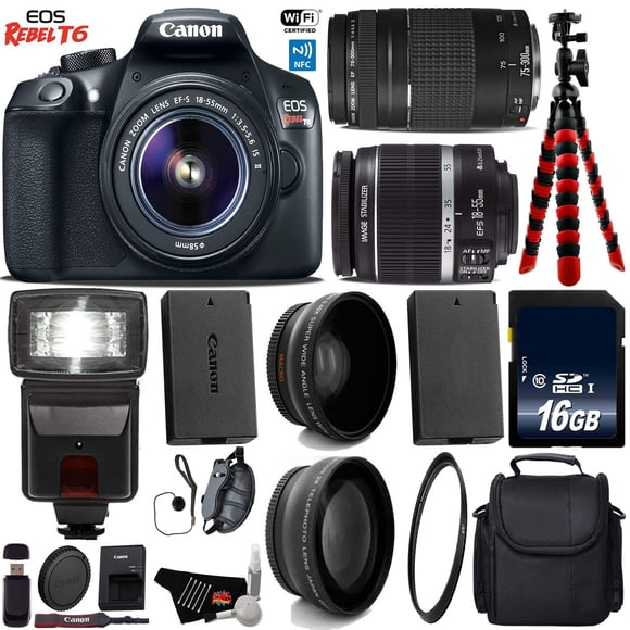 Canon EOS Rebel DSLR Camera with 18-55mm is II Lens & 75-300mm III Lens + Flash + UV FLD CPL Filter Kit + Wide Angle & Telephoto Lens + Camera Case + Tripod + Card Reader - Intl Model
