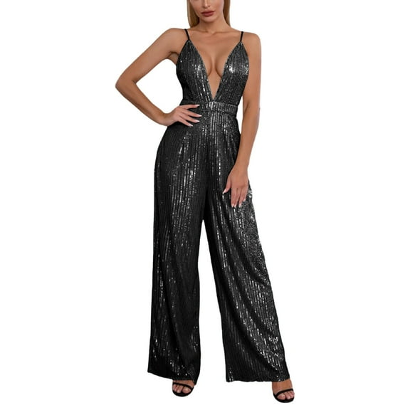 Jumpsuit Women Solid Color With Suspenders And Sequined Trousers Rompers