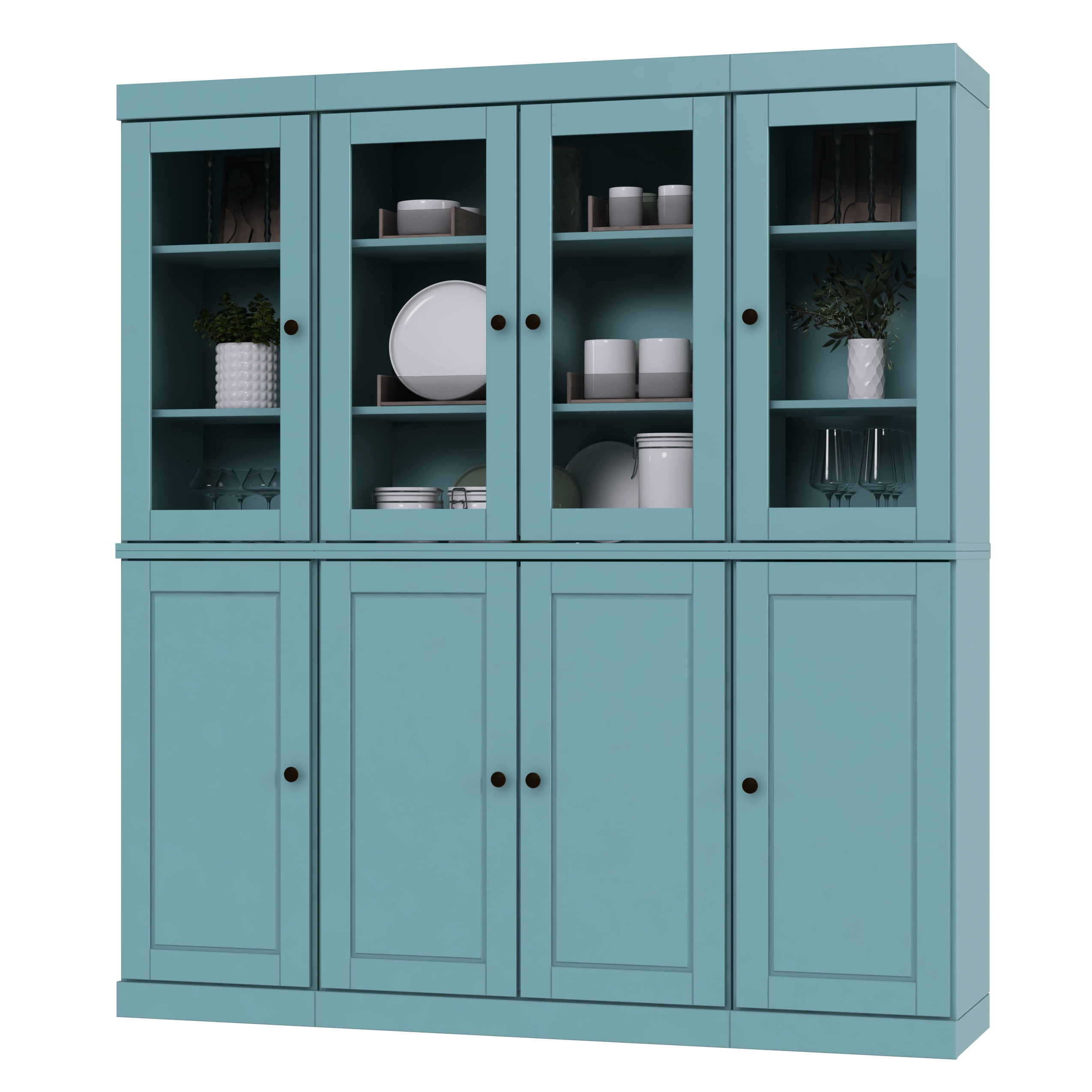 Palace Imports 100% Solid Wood Kitchen Pantry Storage Cabinet with Solid, Clear Glass Doors and Adjustable Shelves, Aqua Blue