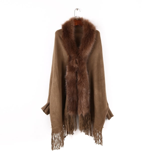 Xiao Hua Chal con cuello de piel sintética para mujer, cárdigan con flecos, capa de punto, suéter cálido con borlas para invierno, color caqui