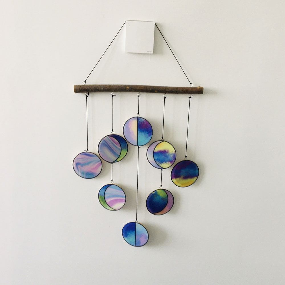Stained Glass Moon Phase Wall Deco Clear and Rainbow Hanging Iridized Phase P6Z7
