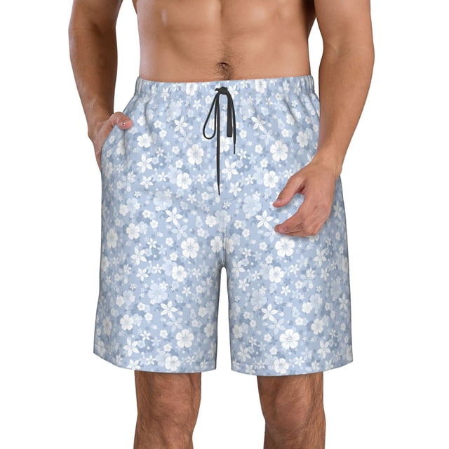 Fotbe Gray White Floral Trajes de Baño Estampados para Hombre, Shorts de Verano de Secado Rápido, Ropa de Playa, Bañadores-3X-Large