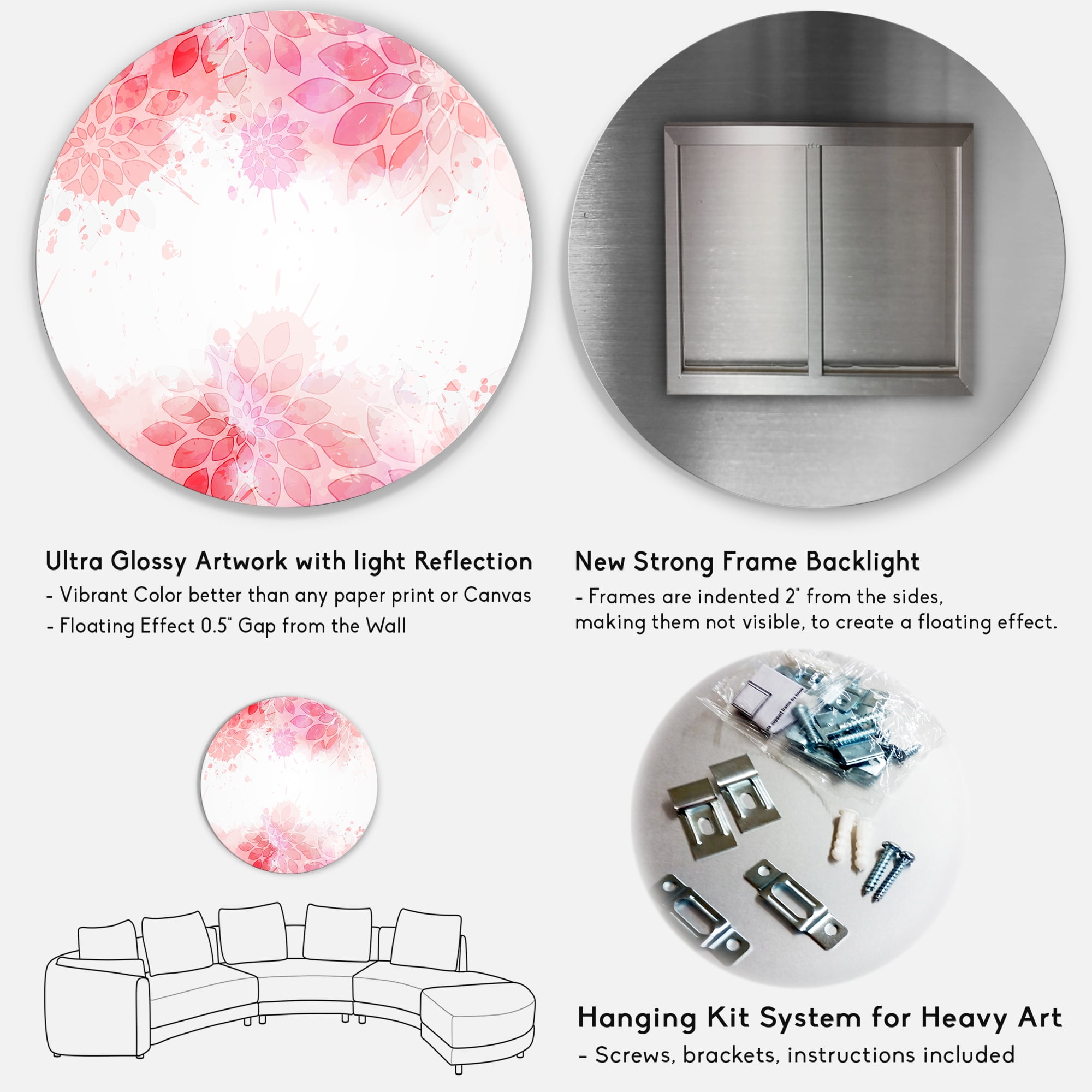 Designart 'Abstract Splashes of Pink Flowers II' Modern Circle Metal Wall Art 23x23 - Disc of 23