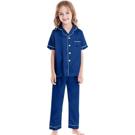 Pajama Set - Kids Unisex Pajama Set Satin Short Sleeve Top Long Pants Outfit Two Piece Nightwear Button Down Comfortable Sleepwear - Lightweight Summer Pajamas Color:Blue Size:4-5 Years
