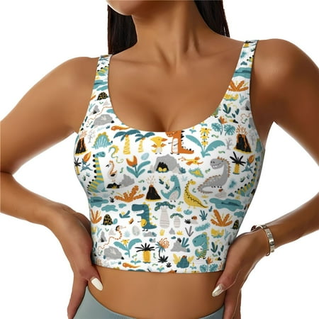 Jgfou Cartoon Dinosaur Print Womens Sports Bra - Padded Workout Sports Bras Crop Tank Top