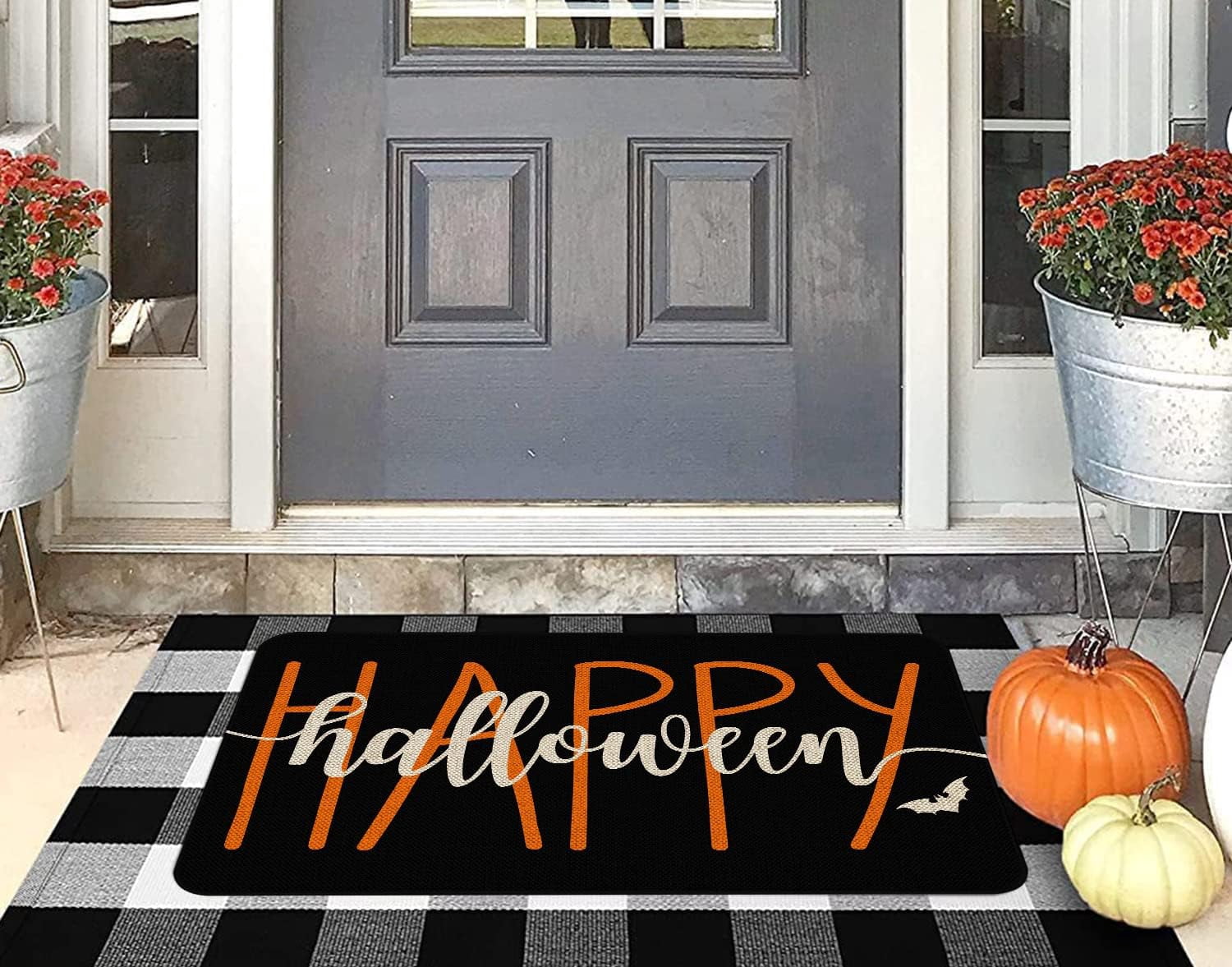 Happy Halloween Door Mat Indoor Outdoor Front Door Mat Non-Slip Durable Rubber Black and Orange Funny Door Mats Low Profile Machine Washable Door Rug for Entry, Patio,Lawn, 30x17 Inch
