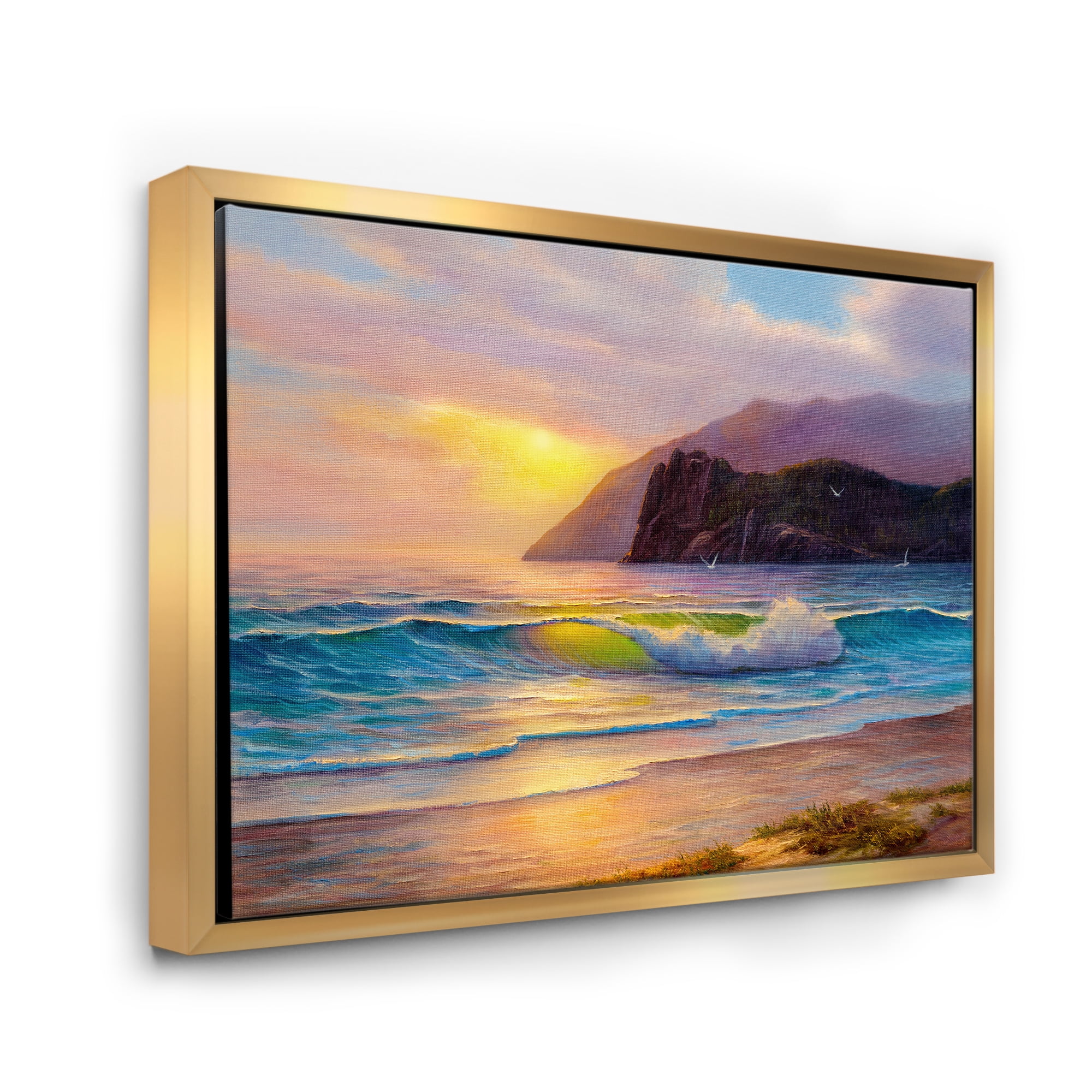 Designart 'Sunrise Glow On The Sea Waves V' Nautical & Coastal Framed Canvas Wall Art Print