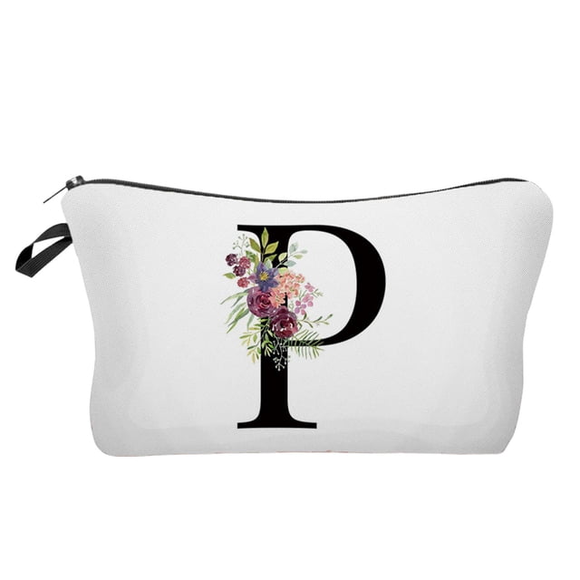 Yhmxh Bolsa de maquillaje con letras y flores, bolsa de cosméticos con letras y alfabeto, bolsa de maquillaje con iniciales, regalo de cumpleaños para mujeres, mamás, amigas, novias, damas de honor.
