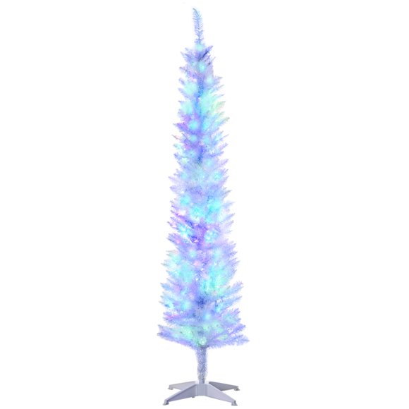 HOMCOM 6' Slim Artificial Christmas Tree with Colourful LED Lights, White