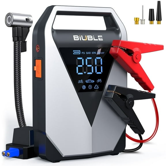 BIUBLE Portable Car Starter with Air Compressor, 8000A Car Battery Charger Power Jump Starter (12.0L Gasoline/10.0L Diesel), 150PSI Tire Inflator, 3 Modes LED Emergency Light