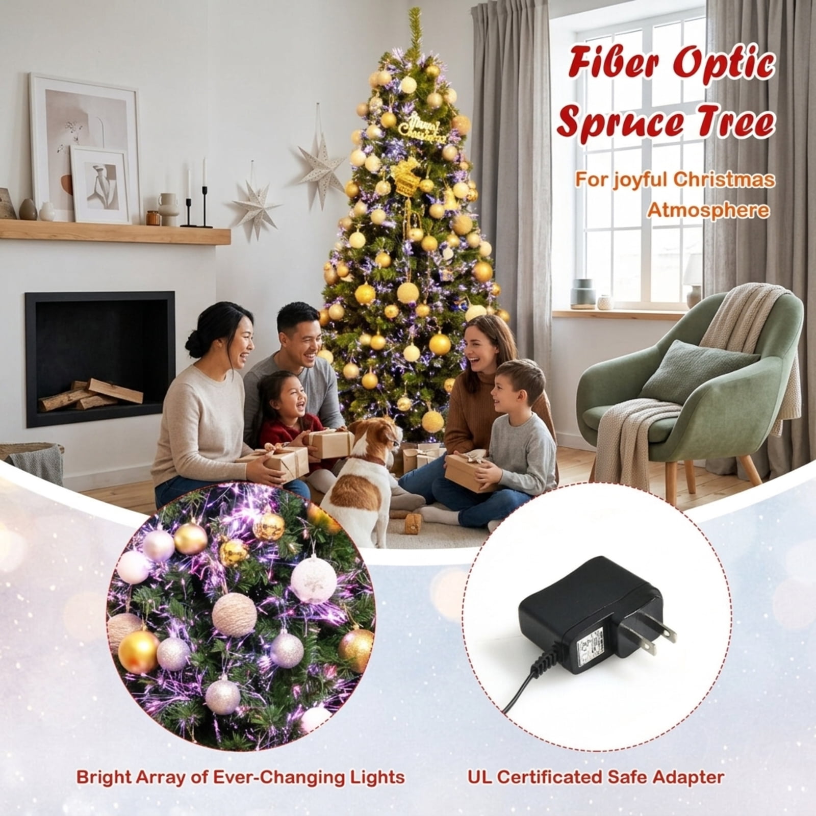 RUIE, 7 ft, Artificial Christmas Tree, with LED Fiber Optic Lights, 820 Branch Tips, Multicolor Holiday Xmas Tree for Indoor Home Office Decoration