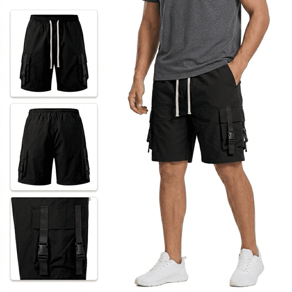 Men's Cargo Shorts Techwear Streetwear Casual Relaxed Fit Summer Tactical Shorts with Elastic Waist Drawstring and Buckle Pockets