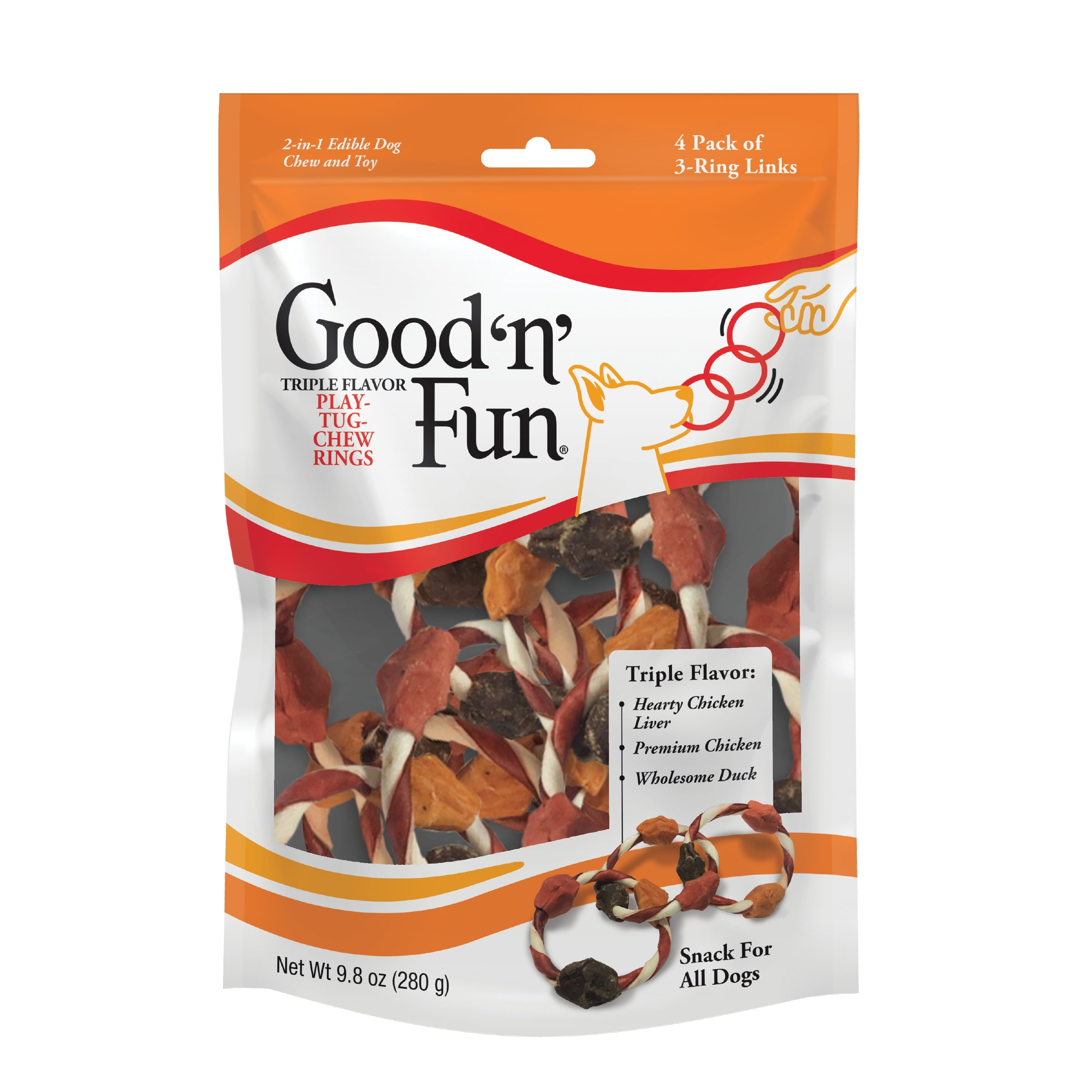 Good ’n’ Fun Triple Flavor Play-Tug-Chew Rings for All Dogs, 4 Treats