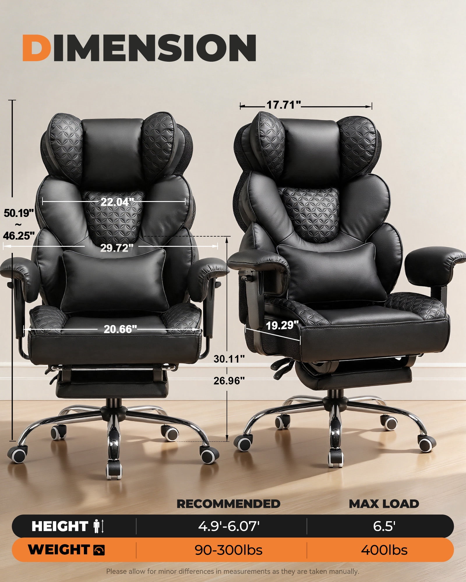 CloudRest Pro 400lbs Executive heavy duty office chair, High Back Ergonomic Computer Desk Chair with Lumbar Back Support,Black