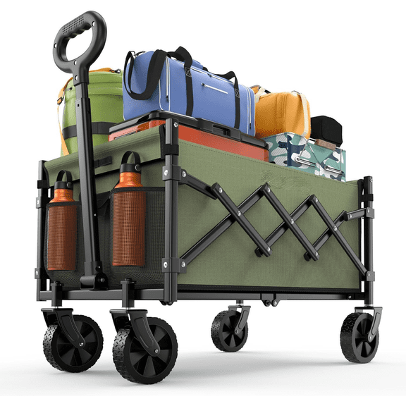 Collapsible Wagon with Wheels, 220 lbs Wagons Carts Foldable Wagon Cart with Flexible Handle, Lightweight Portable Folding Utility Grocery Shopping Cart for Grocery Sports Garden Camping, Green