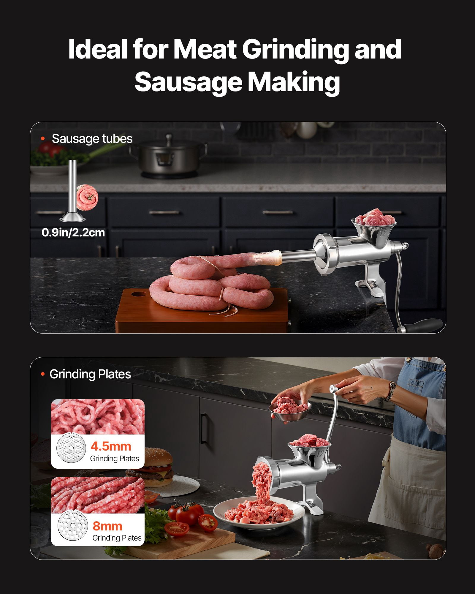 Manual Meat Grinder with Table Clamp, 304 Stainless Steel, 5mm/8mm Plates, Sausage Stuffer, for Home Kitchen Commercial Use