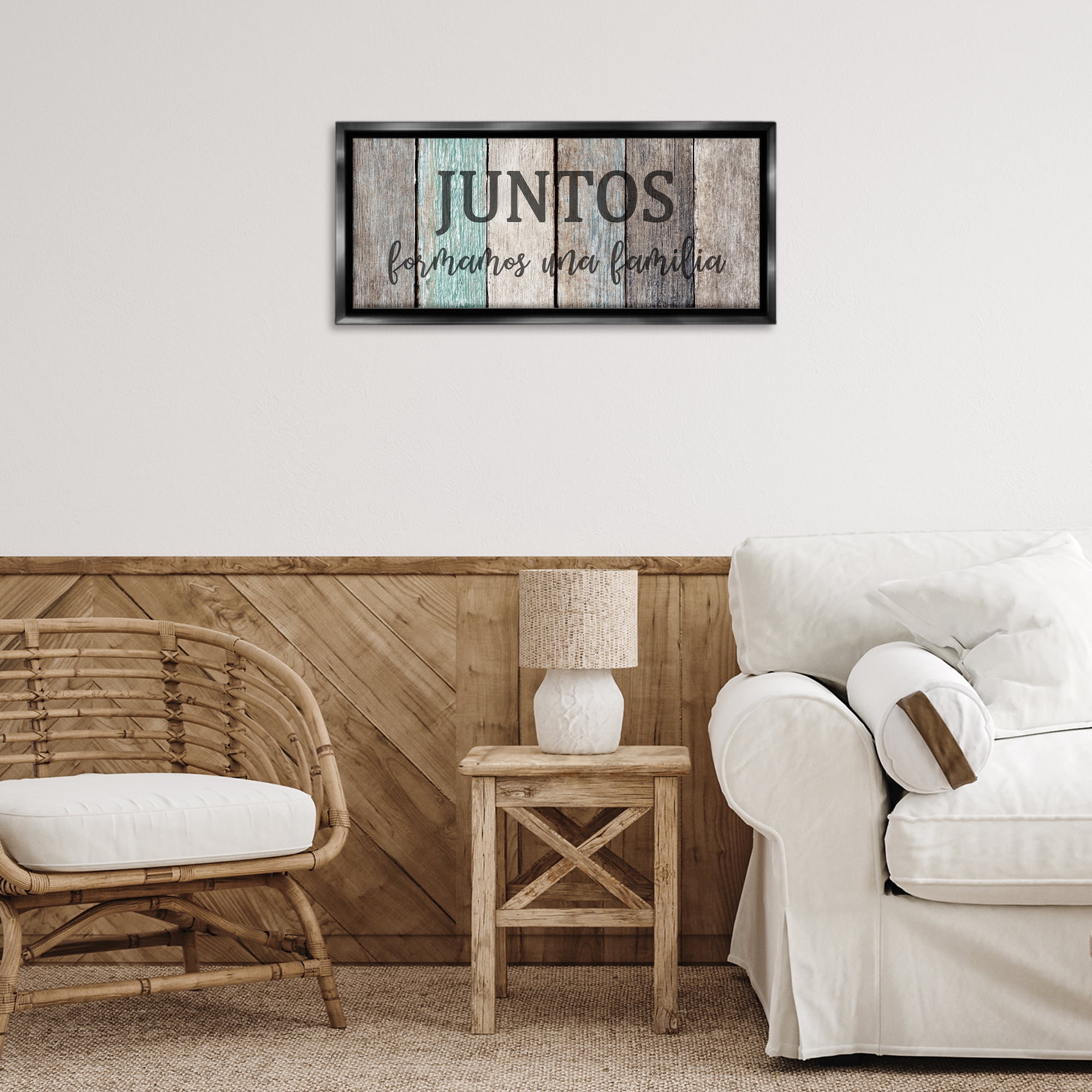 Stupell Industries Juntos Formamos una Familia Inspirational Quotes & Sayings Painting Black Floater Framed Art Print Wall Art, 25 x 11