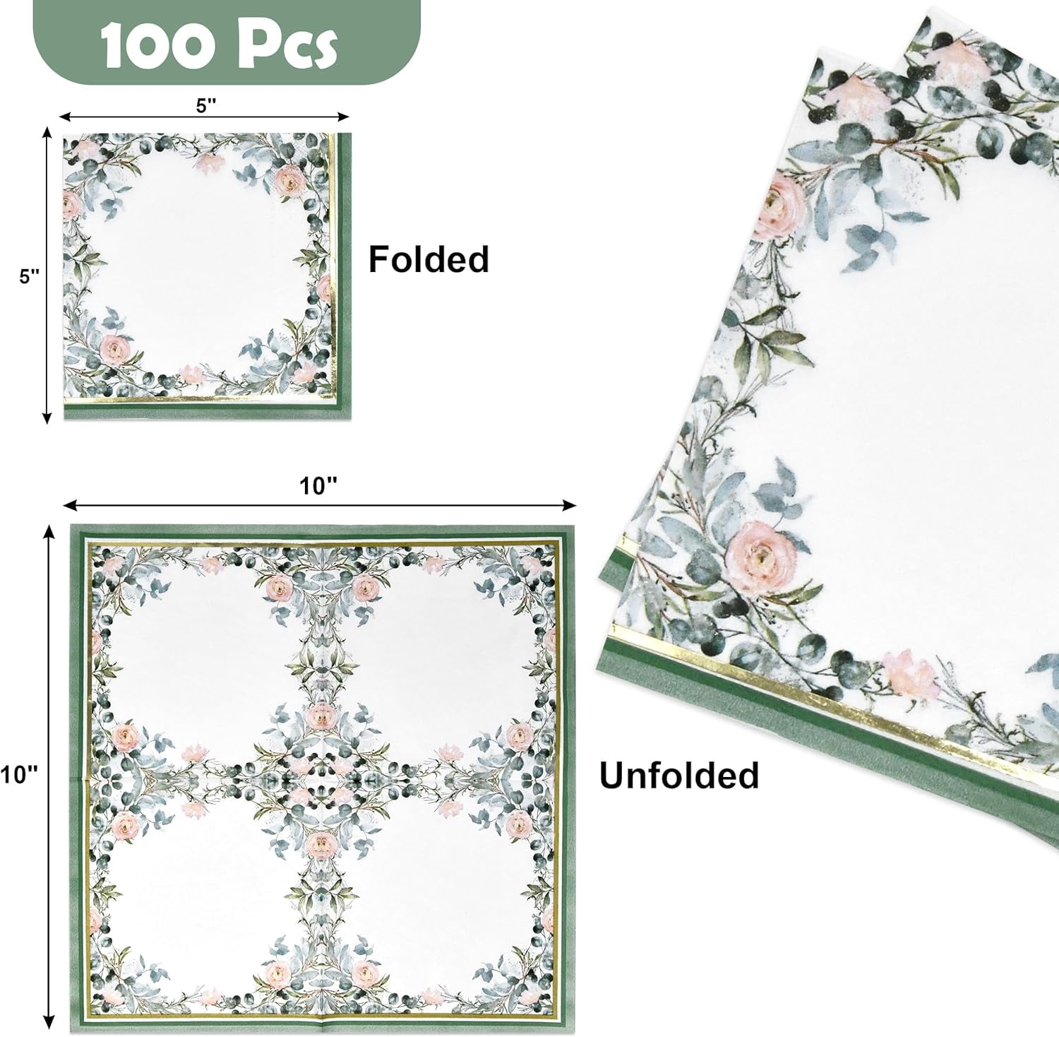 100 Floral Napkins Sage with Gold Foil Border Disposable Paper Spring Flower Blossom Lunch Napkin for Summer Wedding Tea Birthday Party Bridal Baby Shower