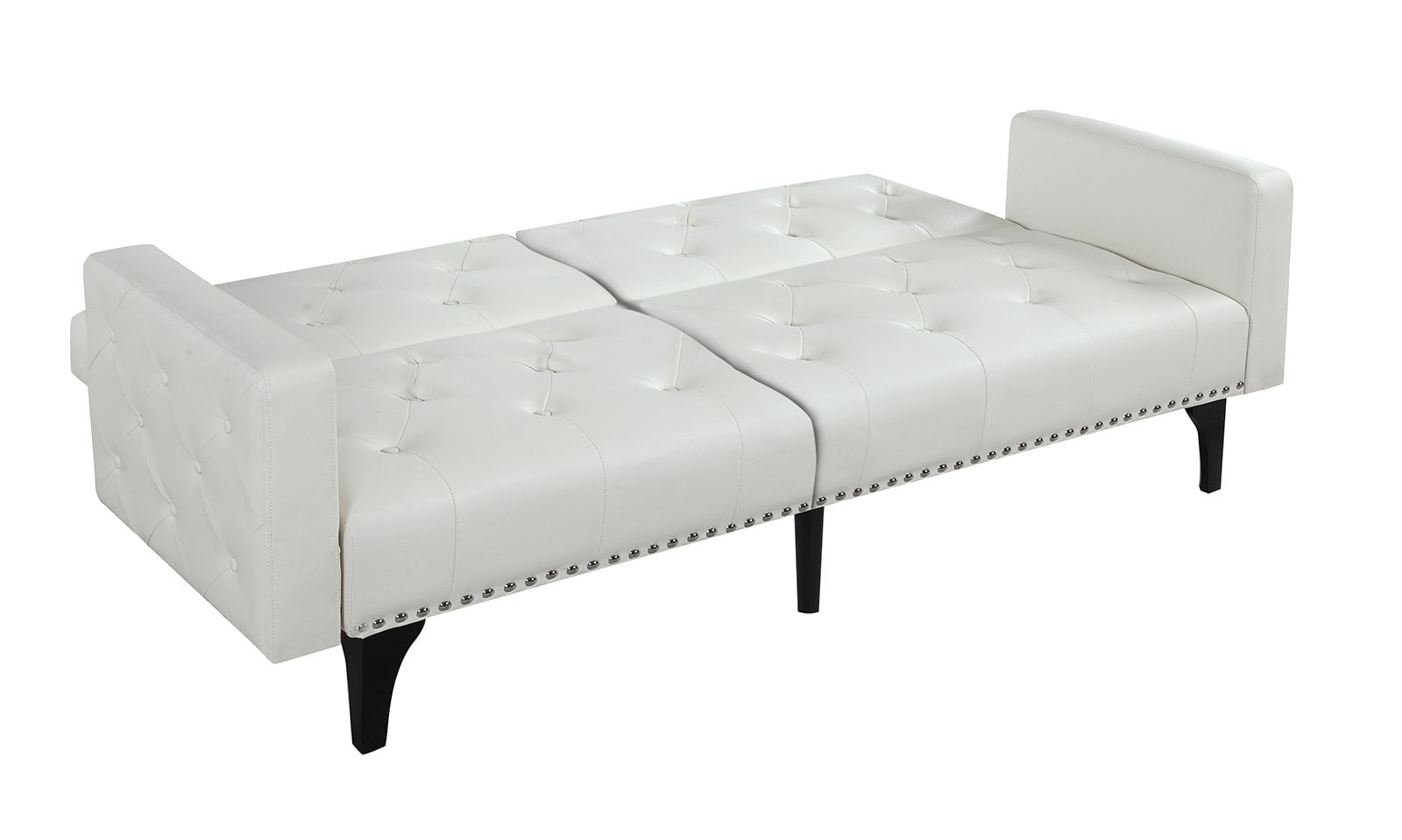 Modern Tufted Bonded Leather Sleeper Futon Sofa With Nailhead Trim In White Black