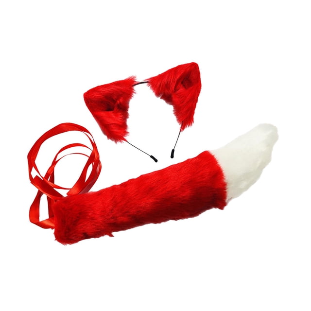 Orejas de animales y cola larga Juego de orejas y cola de piel sintética para carnaval de juegos de rol Rojo Yinane Cola