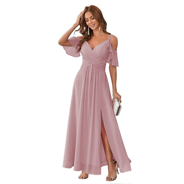 Vestido de dama de honor Stylefun, polvoriento, malva, chifón, hombros descubiertos