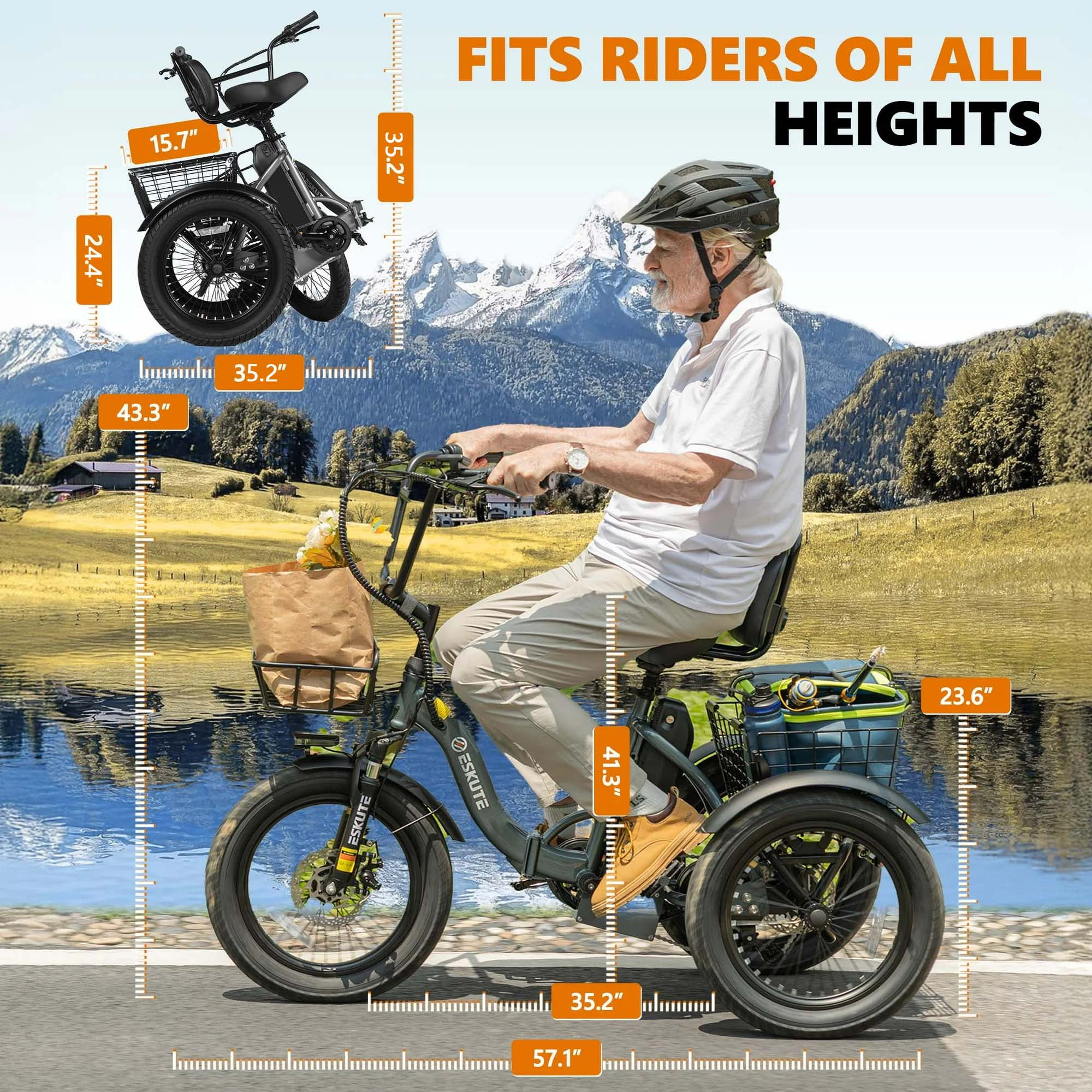 ESKUTE Black E Trike Electric Bike, Peak 1200W Brushless Motor Folding Trike 18X3.0 Fat Tire Ebike, 499Wh Removable Battery, Step-Thru 3 Wheel Electric Bicycle, 48V 13AH 18MPH+ Tricycle for Adults