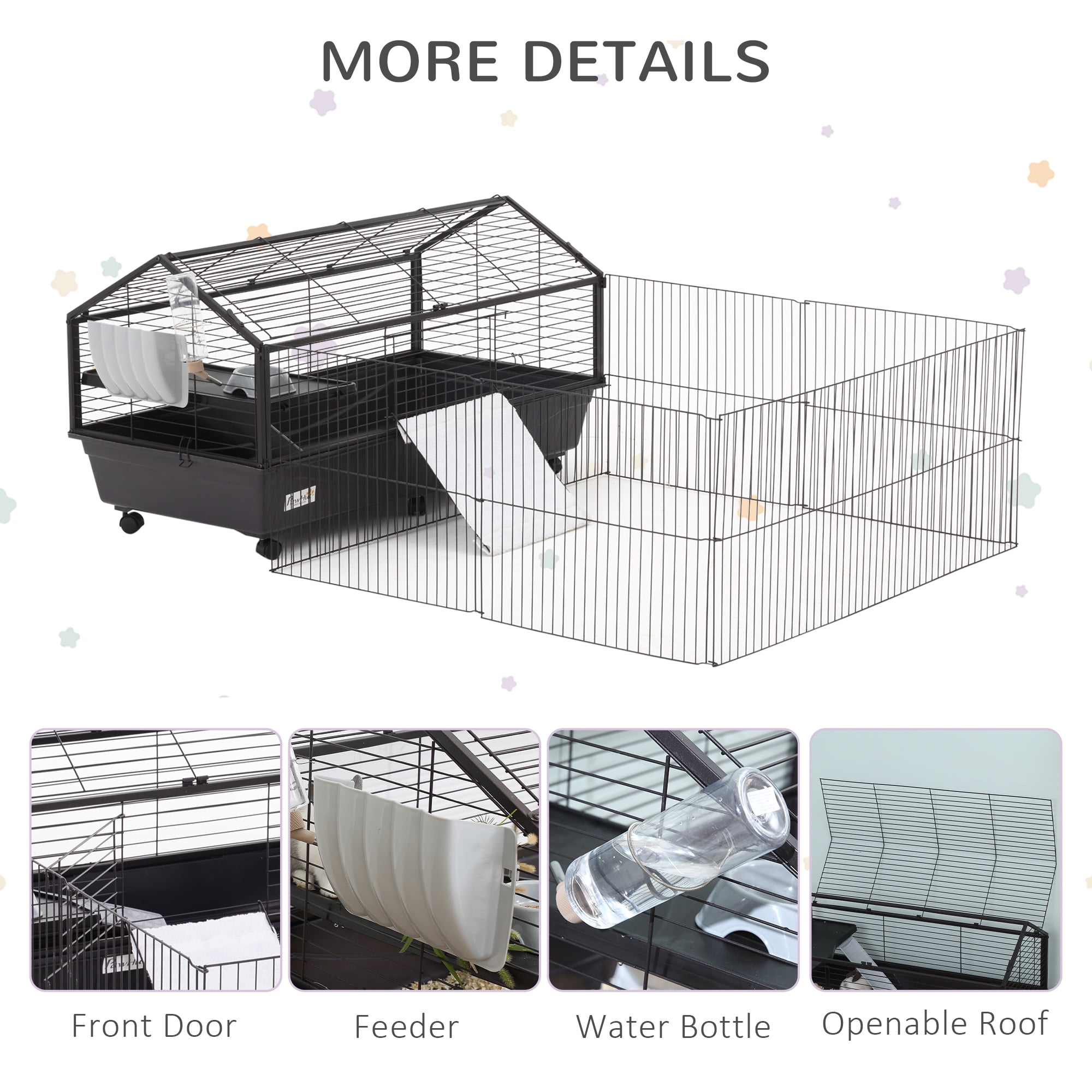 Pawhut Rolling Metal Small Animal Hutch Cage with Main House and Run, 47" L
