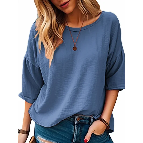 Camiseta de manga de siete cuartos para mujer, ropa informal cómoda, holgada, de cuello redondo, verano, 2024
