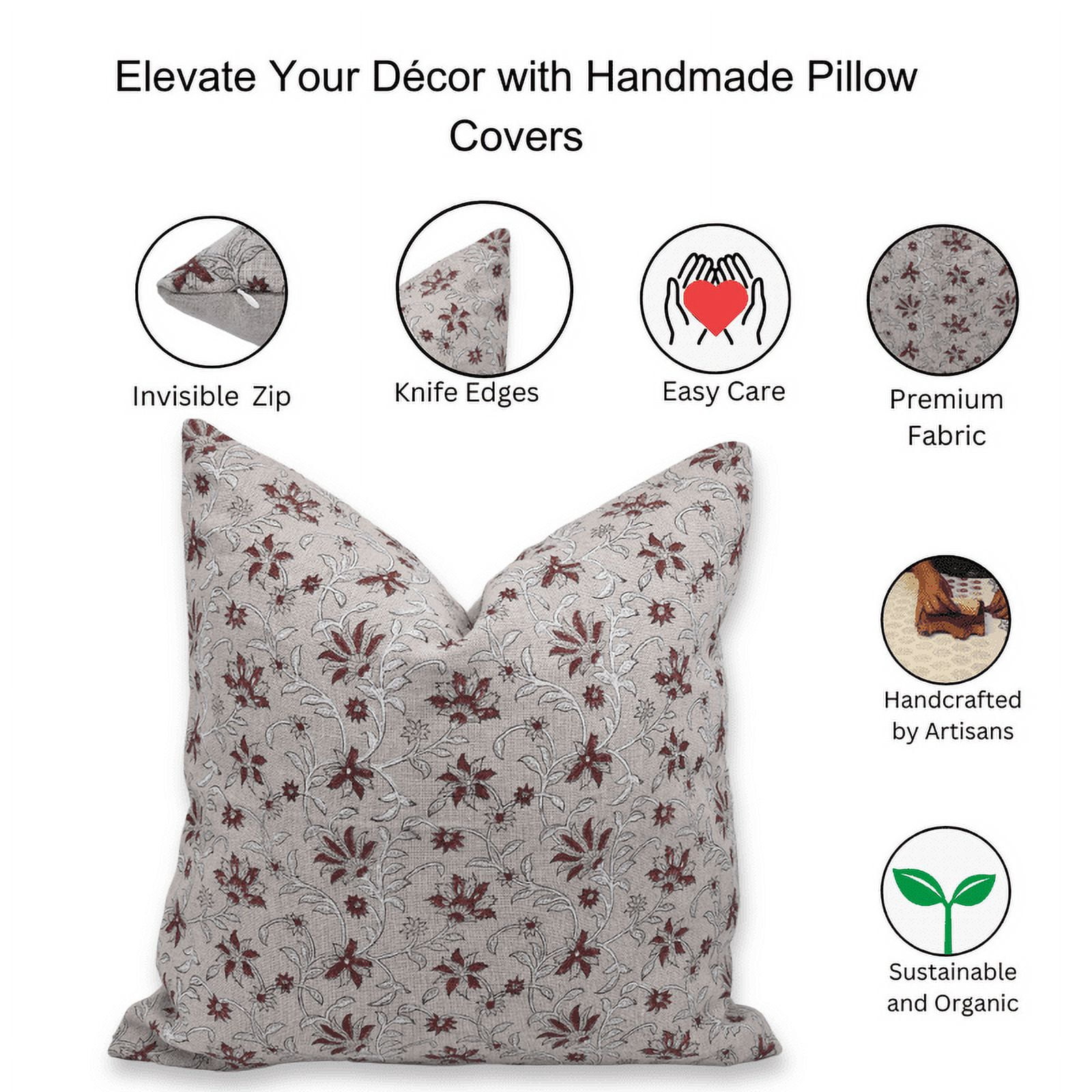 Fabdivine Block Print Throw Pillow Cover, 22x22 InchThick Linen Decorative Cushion Cover, Floral Print Boho Design Maroon Pillow Cover for Sofa and Couch