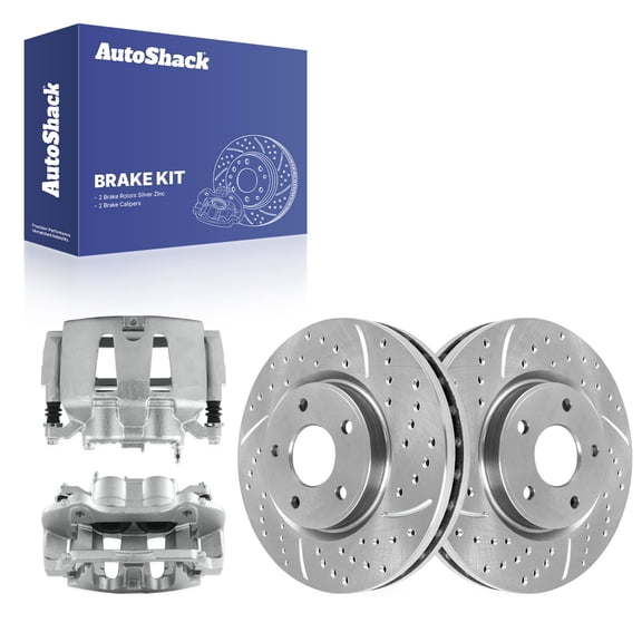 AutoShack Front Vented Drilled & Slotted Silver Zinc Coated Brake Rotors   Calipers 4-PC Brake Kit Replacement for 2012-2020 Dodge Grand Caravan 2013-2015 Ram C/V SilverShield Pro 13.03" (331 mm)