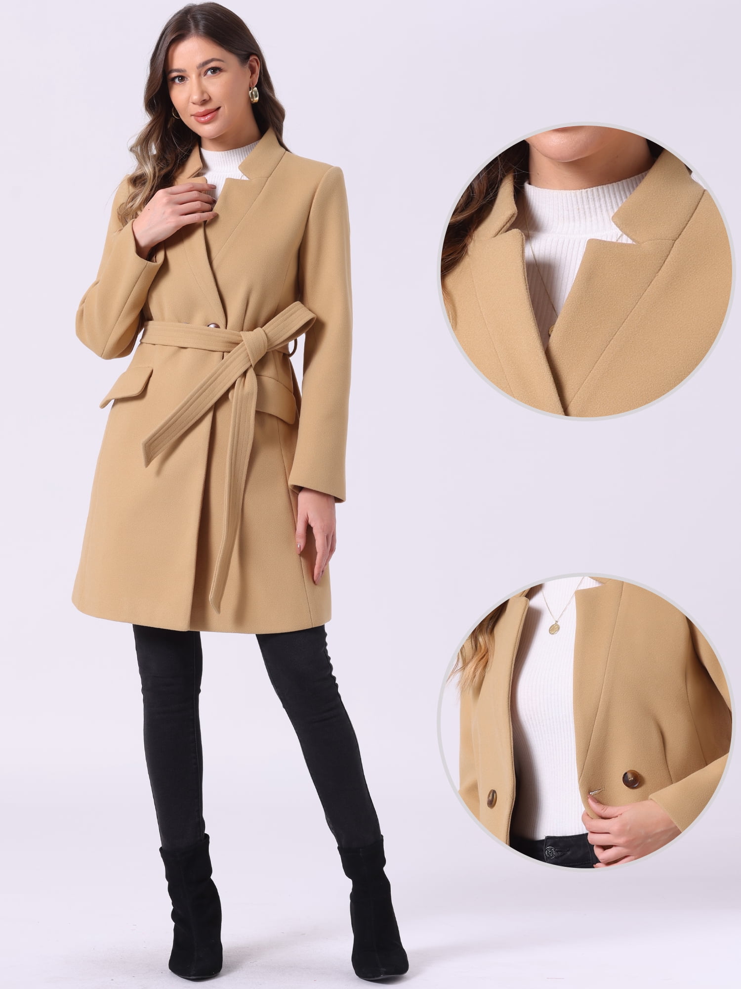 DARING DIVA Women's Vintage Belted Coat Stand Collar Winter Outwear Coats Khaki S