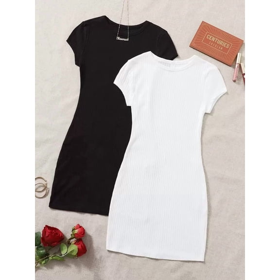 Women’s Ribbed Knit Short Sleeve Bodycon Mini Dress, Crew Neck Slim Fit Casual T‑Shirt Dress for Daily Wear