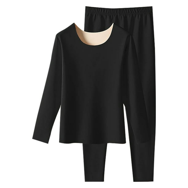 Conjuntos de ropa interior térmica para mujer, jersey liso informal de cuello redondo, alta elasticidad, conjuntos de ropa interior cálida, pantalones de poliéster, blusa para mujer