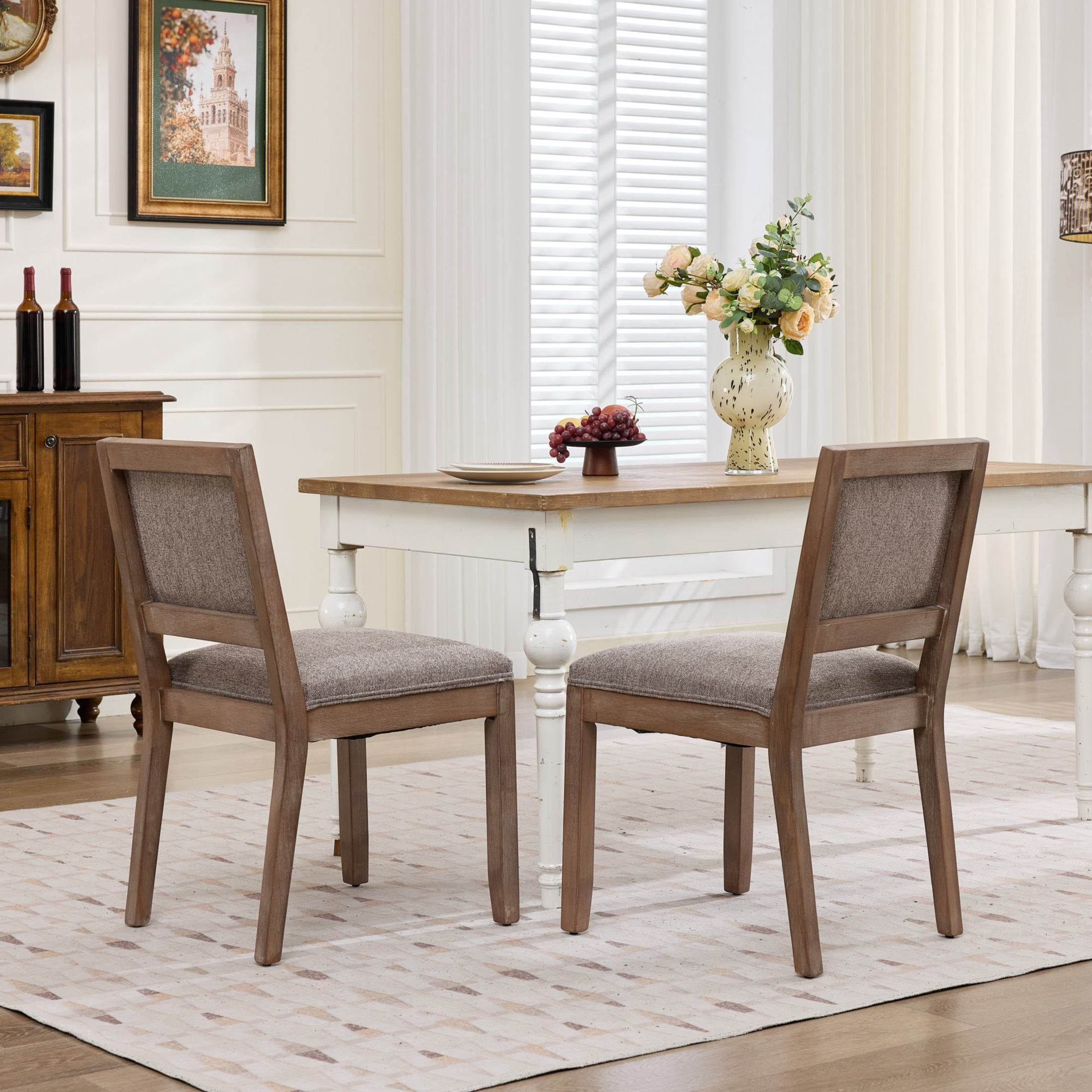GDF Studio 22" Farmhouse Dining Chairs Set of 2 with Padded Fabric Upholstery, Solid Rubberwood Frame, Coffee