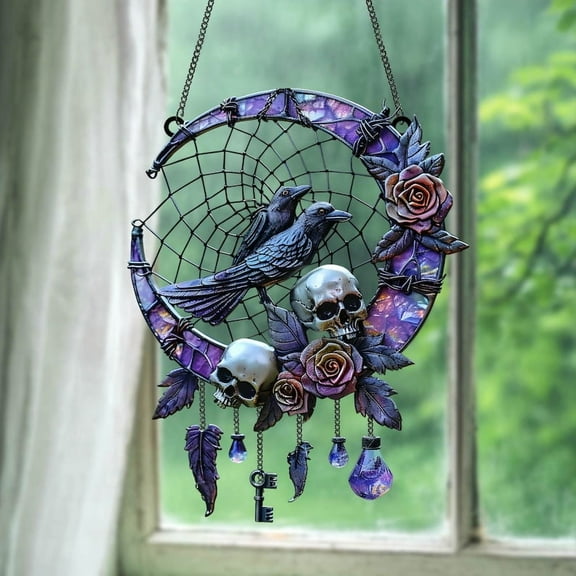 Gothic Crescent Moon Raven Skull Faux Stained Glass Suncatcher, Purple Rose Crystal Window Ornament, Spooky Witchy Halloween Gift for Women