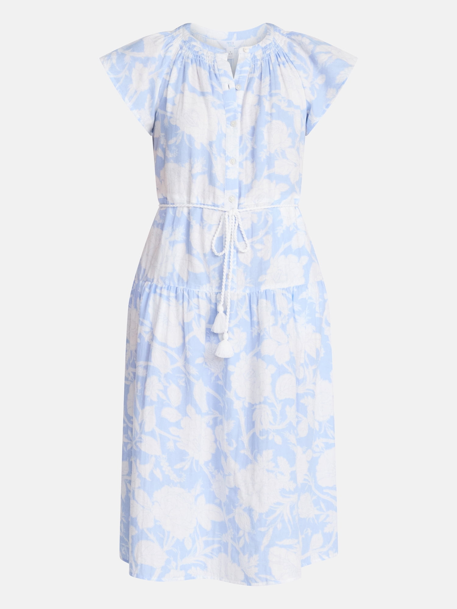 Time and Tru Women's Cotton Double Cloth Midi Dress with Short Flutter Sleeves, Sizes XS-XXXL