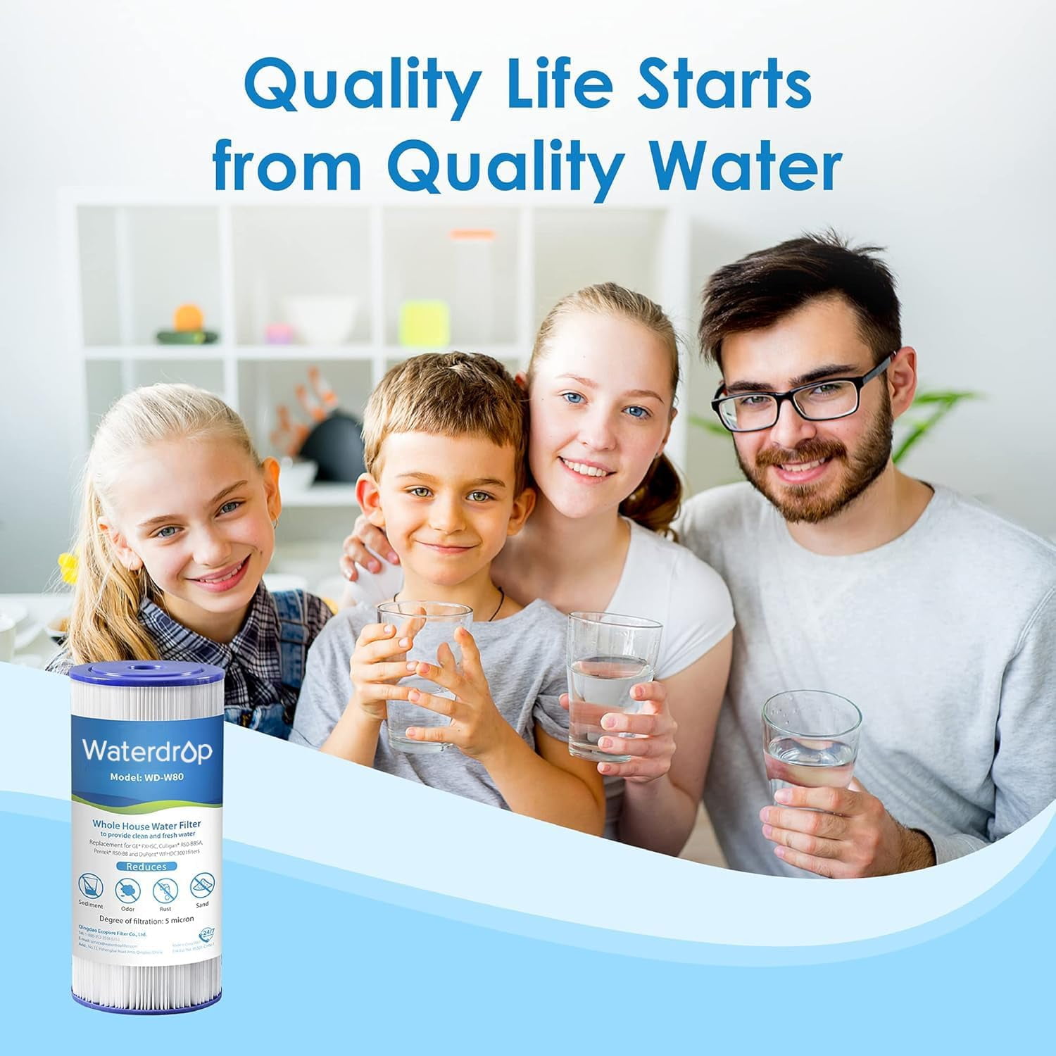 Waterdrop FXHSC Whole House Water Filter, Replacement for GE® FXHSC, GXWH40L, GXWH35F, American Plumber W50PEHD, W10-PR, Culligan® R50-BBSA, 5 Micron, 10" x 4.5", High Flow Sediment Filters, (2)