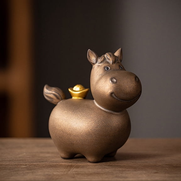 Ceramic Fat Horse, Figurine Collectible Cute Fat Horse Animal Garden Sculpture Handmade Art Painted Bookshelf Table Home Office Decor Gift to Attract Success (Brown)
