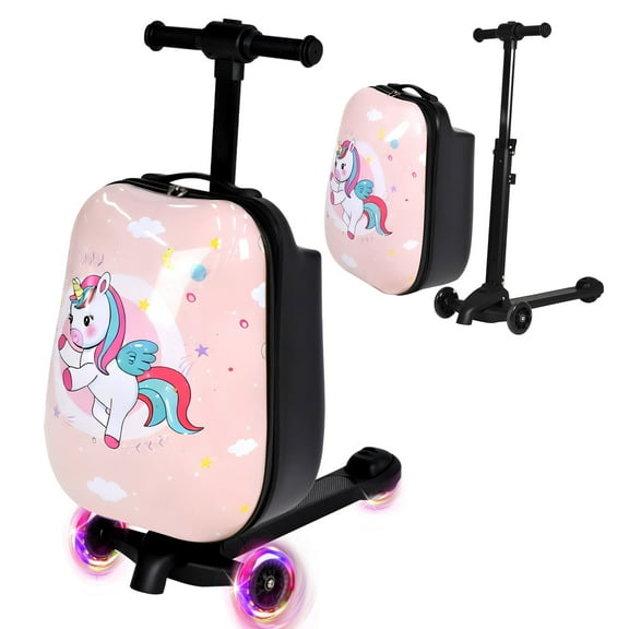 Advwin Kids Scooter Luggage, 4-in-1 Detachable Foldable Ride-On Suitcase with LED Light-Up Wheels, Unicorn Design Travel Luggage, Convertible Backpack Luggage, Pink