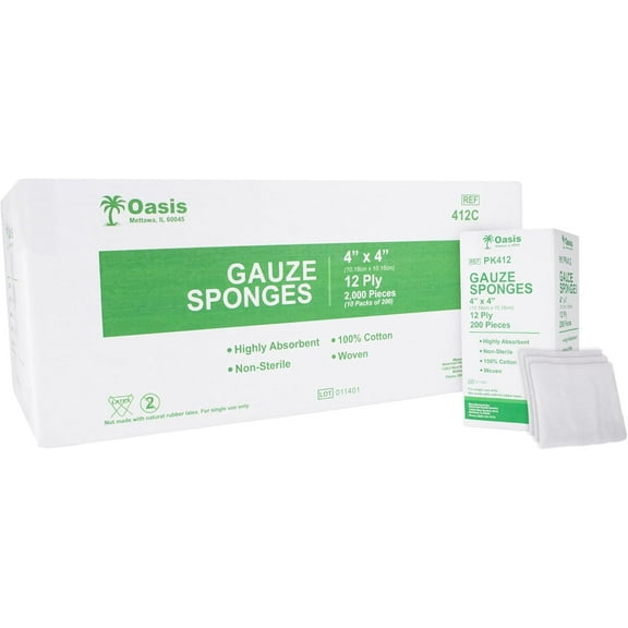 Oasis 4 x 4 inch Gauze Sponges, 100% Cotton, 12-Ply Woven Non-Sterile Gauze, Case of 2000