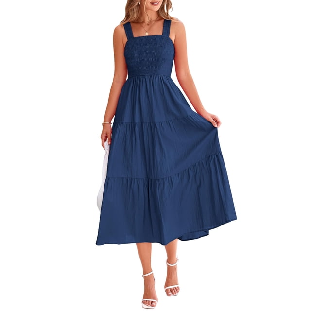 Vestido PRETTYGARDEN para mujer, midi, fruncido, de verano, azul oscuro