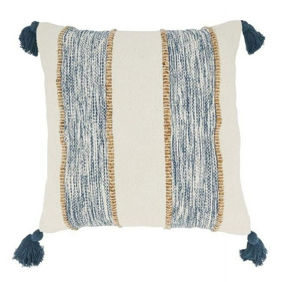 20 in. Striped Tassel Corners Square Poly Filled Throw Pillow, Navy Blue