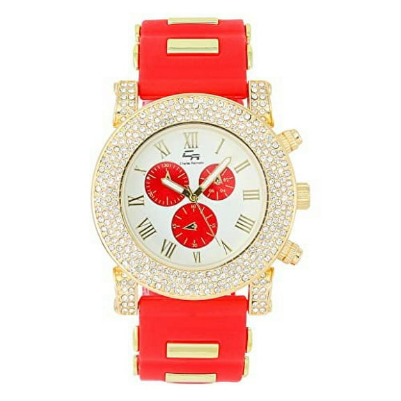 Classic Bullet Rubber Blinged Out Hip Hop Watch w/a Touch of Casual Sporty Colorful Faux Chrono 3 Eyes - Playful MF Iced Out Watch on The House Dance Floor - ST10248 Red/Wht-Red Eyes