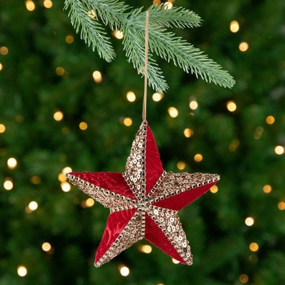Northlight Sequined and Velveteen 5-Point Star Christmas Ornament - 6" - Gold and Red
