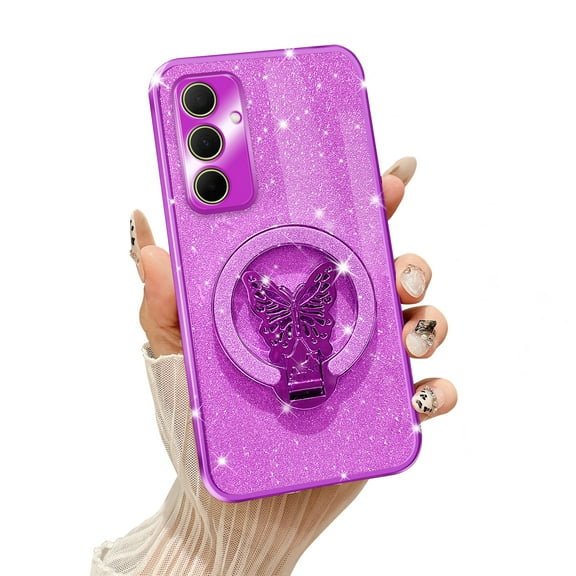 Fyxkocm for Samsung A35 5G Case with Butterfly Stand Compatible with Magsafe, Women Girls Bling Luxury Glitter Clear Phone Case Shockproof Protective Cover for Galaxy A35 5G, Purple