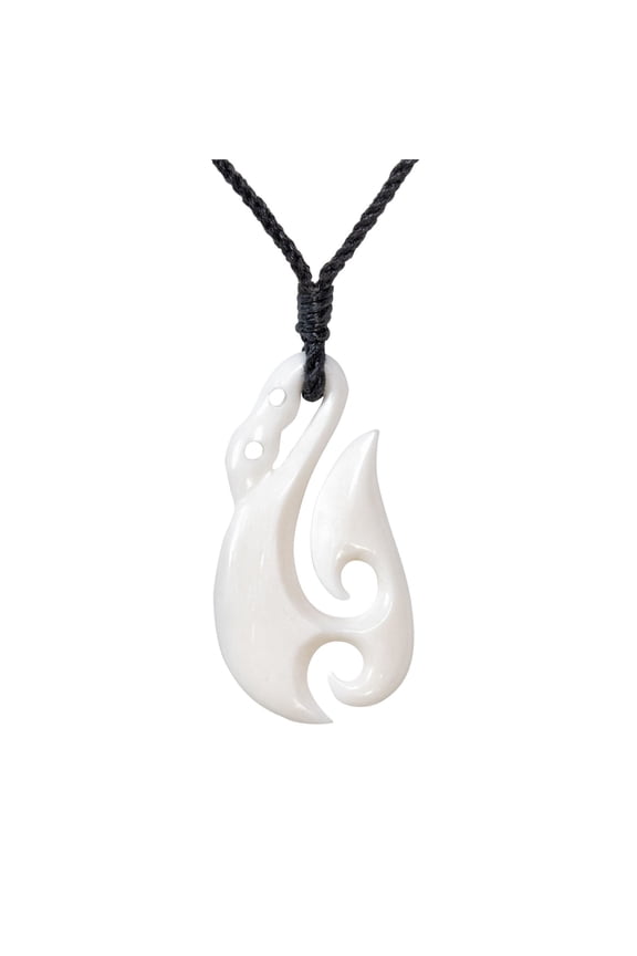Women's Men's Hand Carved Bone Maori Hei Matau Double Koru Pendant Necklace