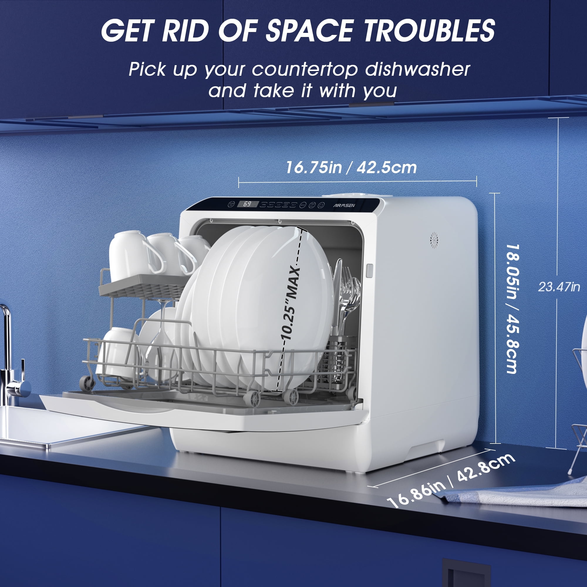 AIRMSEN Portable Countertop Dishwasher with 5-Liter Built-in Water Tank and Air-Dry Function, 5 Washing Programs, AE-TDQR03