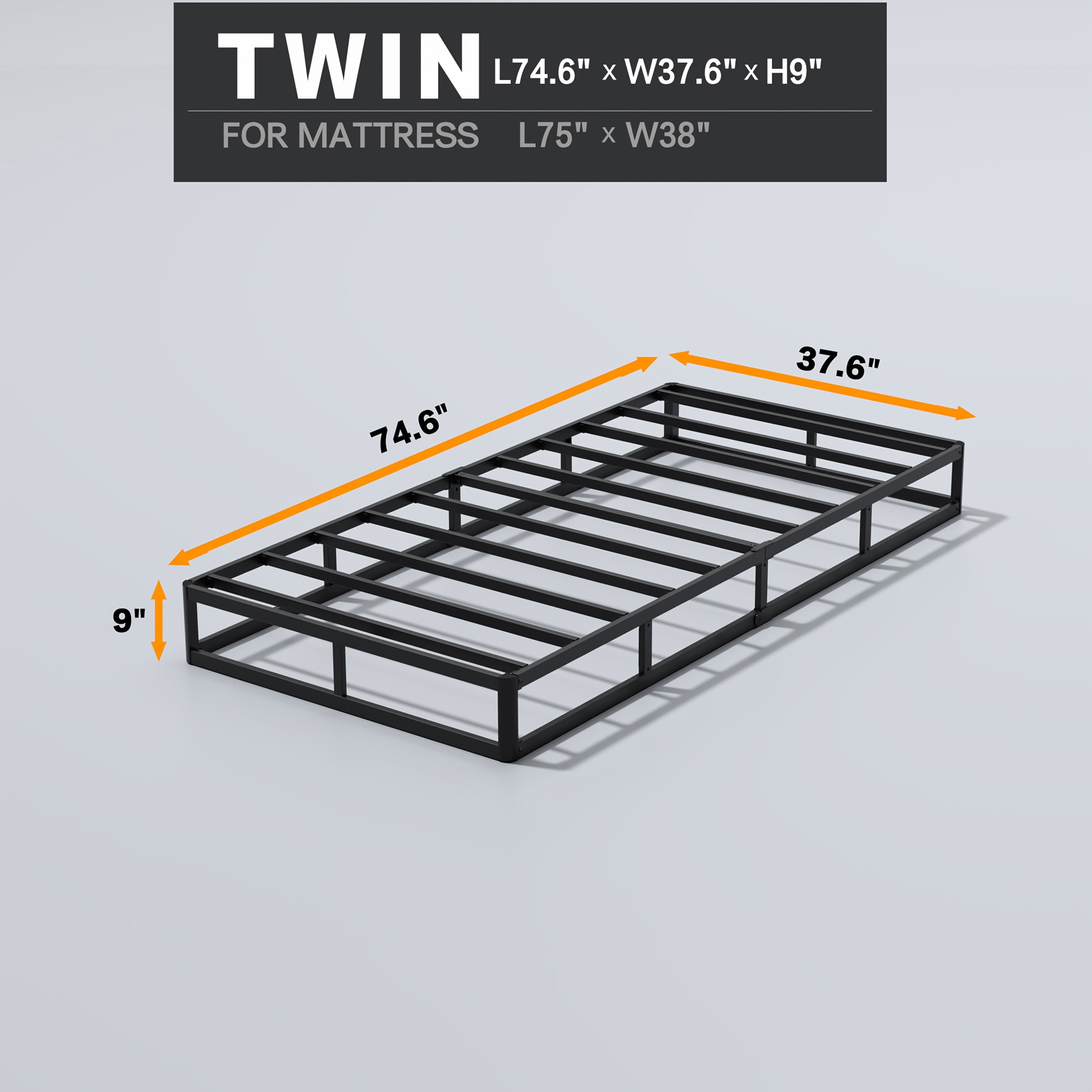 Twin Size 9-inch Box Spring, Thickened Soft Cloth Cover, Black Heavy-Duty Metal Structure, Easy To Assemble